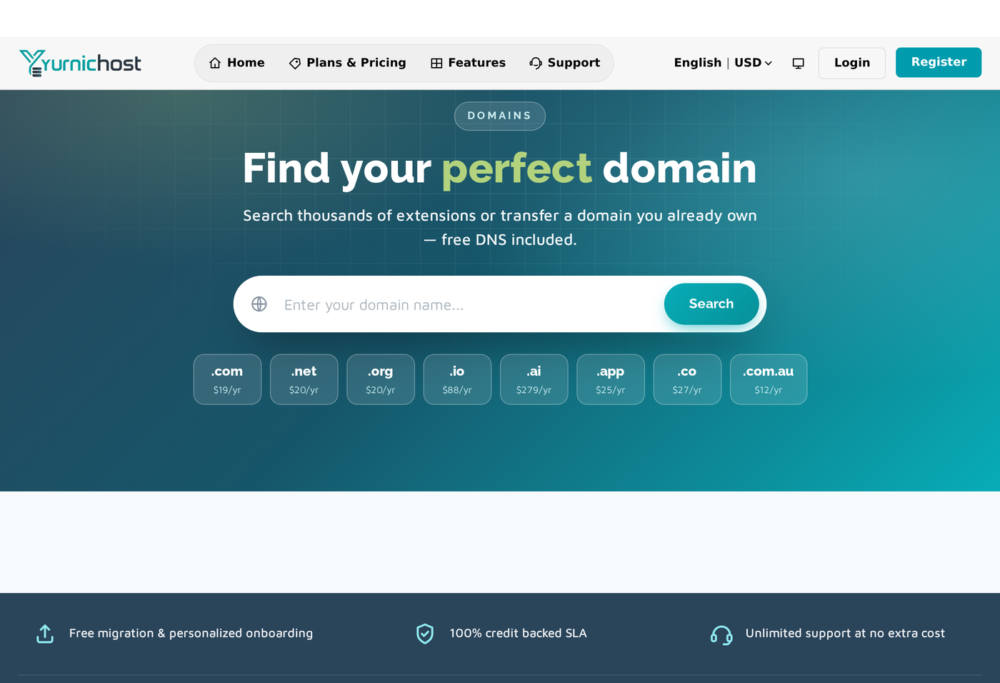 The Yurnichost domain search page